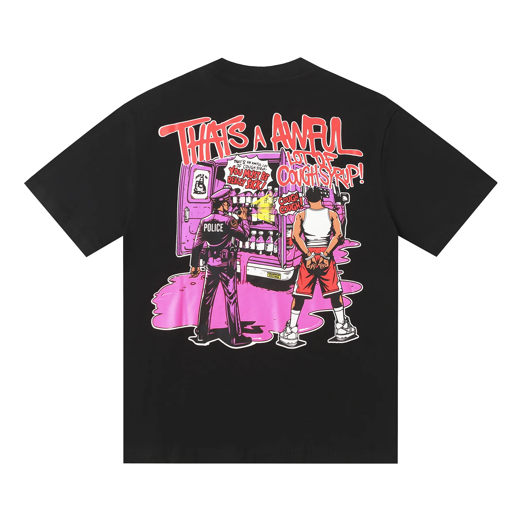 #Black ｜ THAT'S A AWFUL LOT OF COUGH SYRUP In Stock Real shot American simple trendy brand loose casual T-shirt Fabric (fabric): 32 counts Weight combed double yarn pure cotton Sizes (size): S-M L X L Color (colour): Black 👉